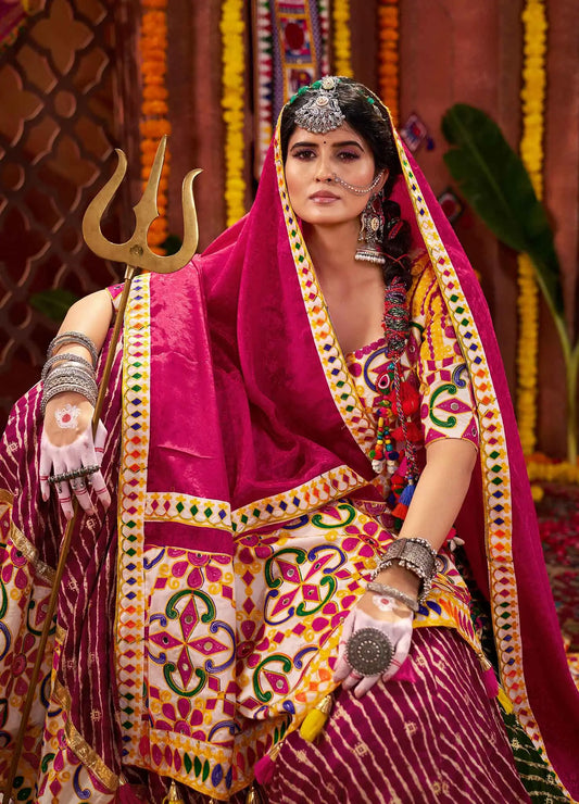 Multi Color Navratri Lehenga Print With Embroidery And Mirror Work