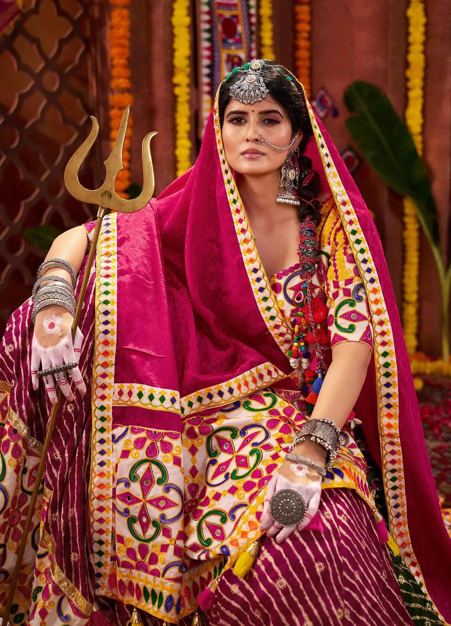 Multi Color Navratri Lehenga Print With Embroidery And Mirror Work