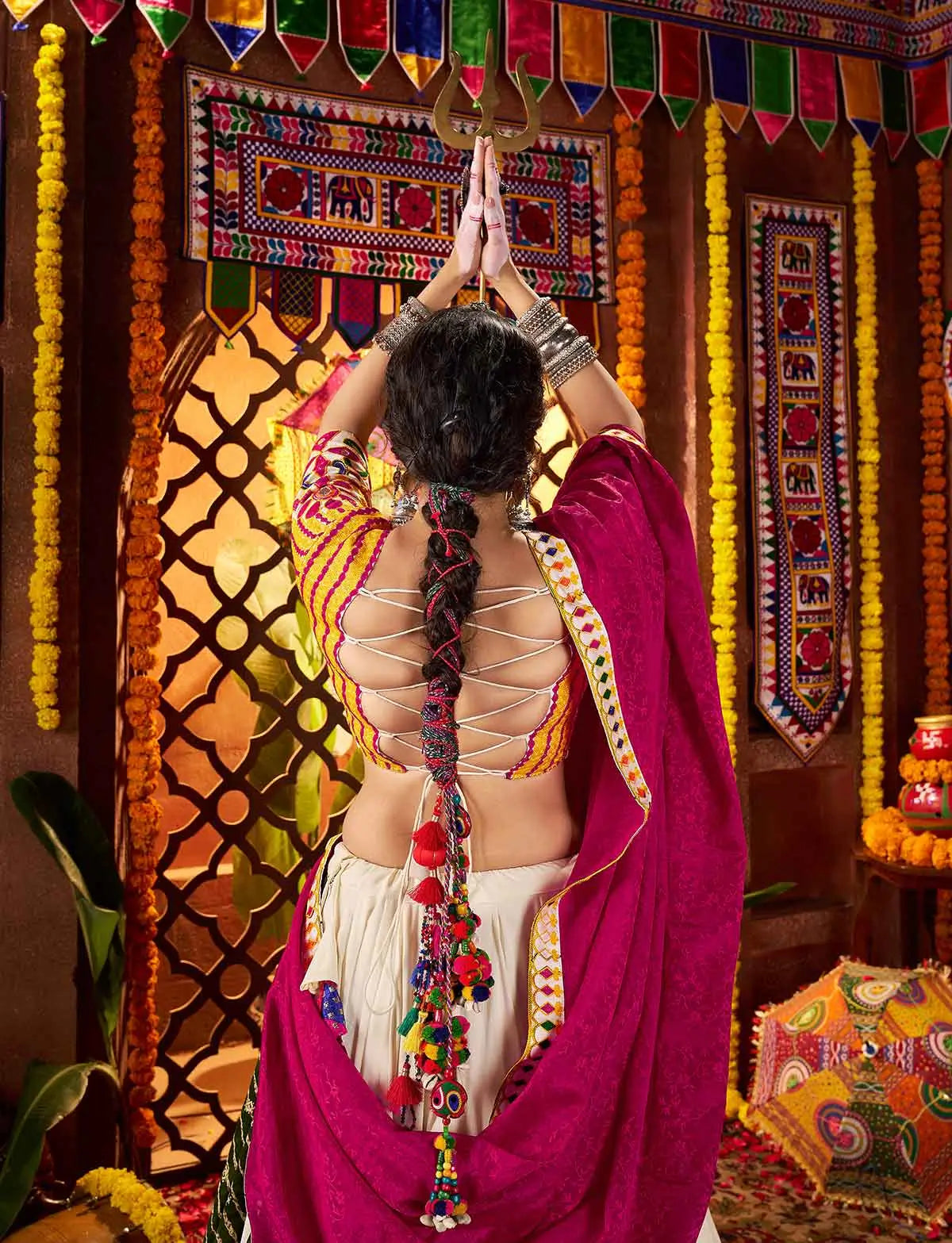 Multi Color Navratri Lehenga Print With Embroidery And Mirror Work