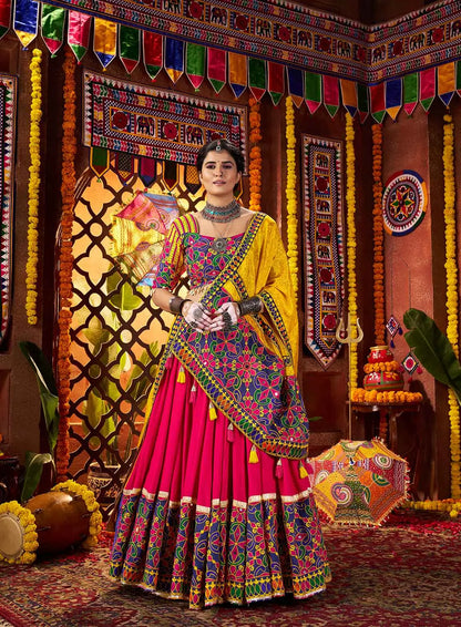 Pinkish Red And Yellow Thread Embroidery And Mirror Work Navratri Lehenga