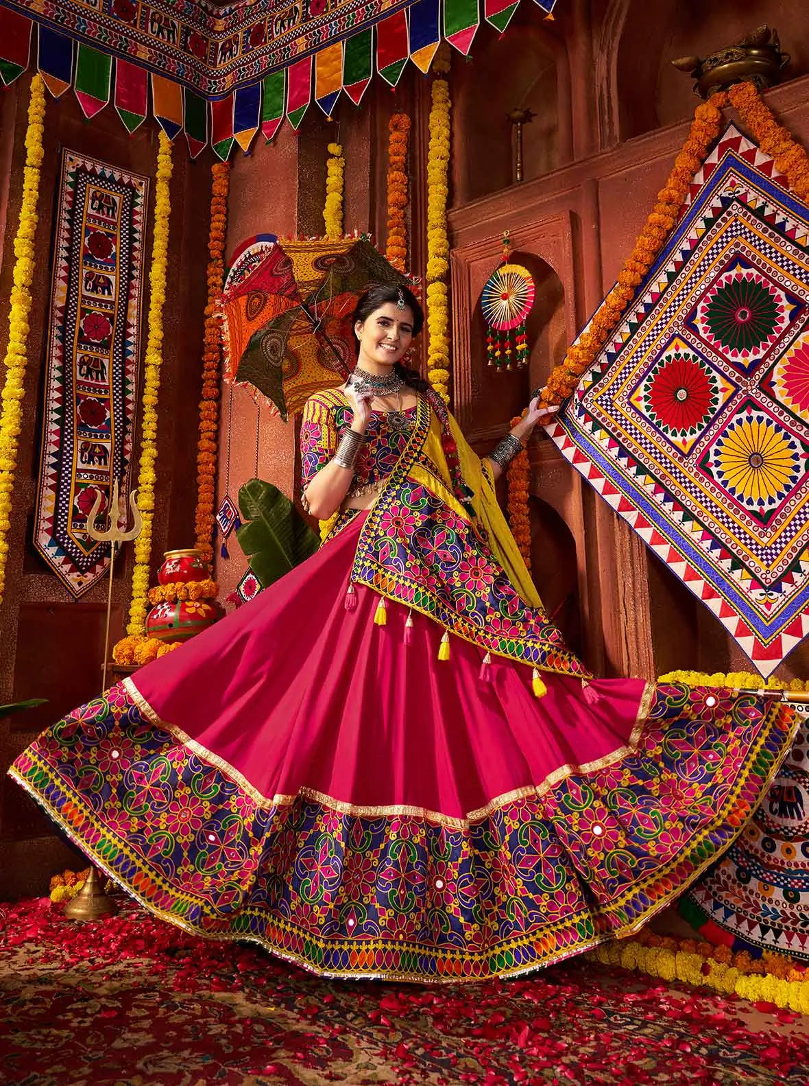 Pinkish Red And Yellow Thread Embroidery And Mirror Work Navratri Lehenga