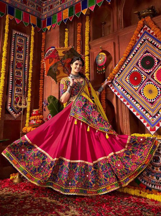 Pinkish Red And Yellow Thread Embroidery And Mirror Work Navratri Lehenga