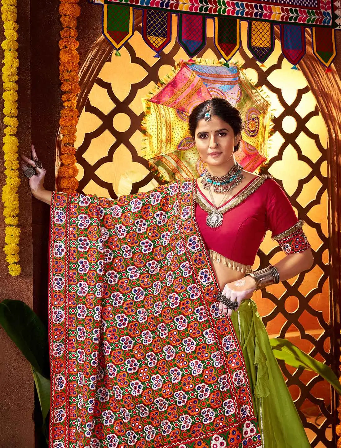 Trendy Green Navratri Lehenga With Heavy Embroidery Mirror Work Dupatta