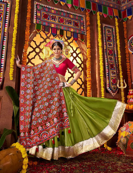 Trendy Green Navratri Lehenga With Heavy Embroidery Mirror Work Dupatta