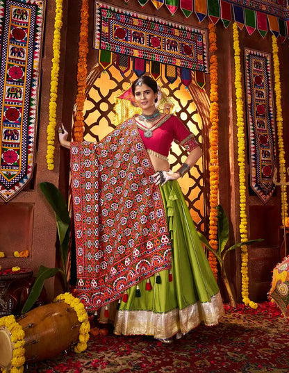 Trendy Green Navratri Lehenga With Heavy Embroidery Mirror Work Dupatta