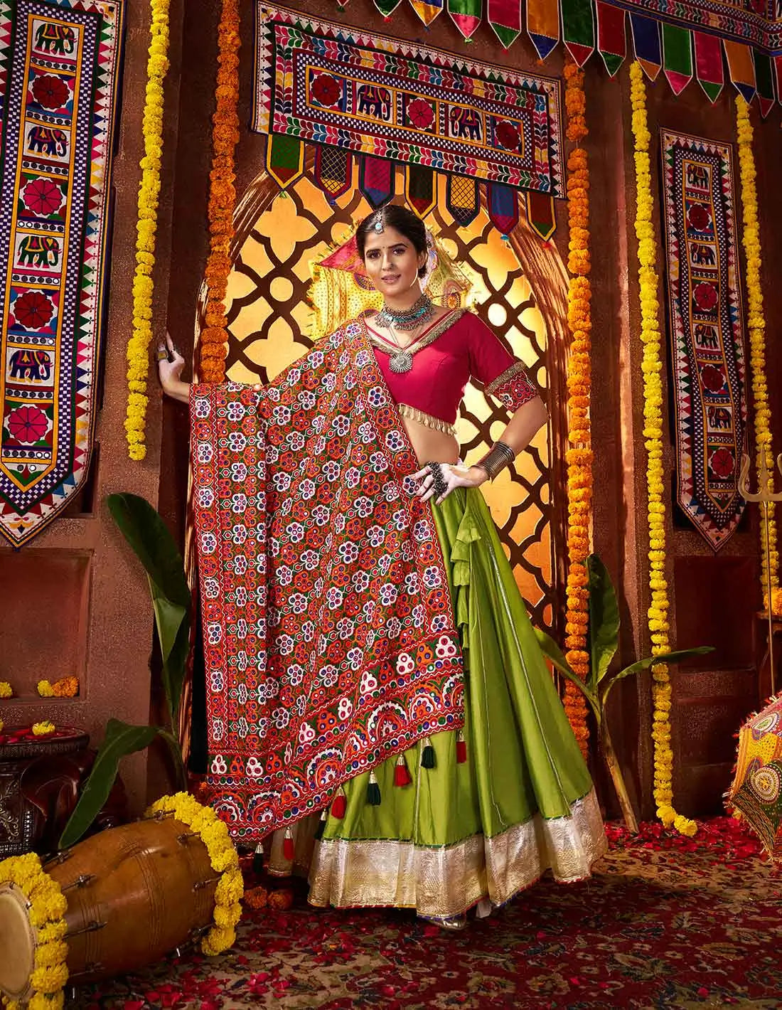 Trendy Green Navratri Lehenga With Heavy Embroidery Mirror Work Dupatta