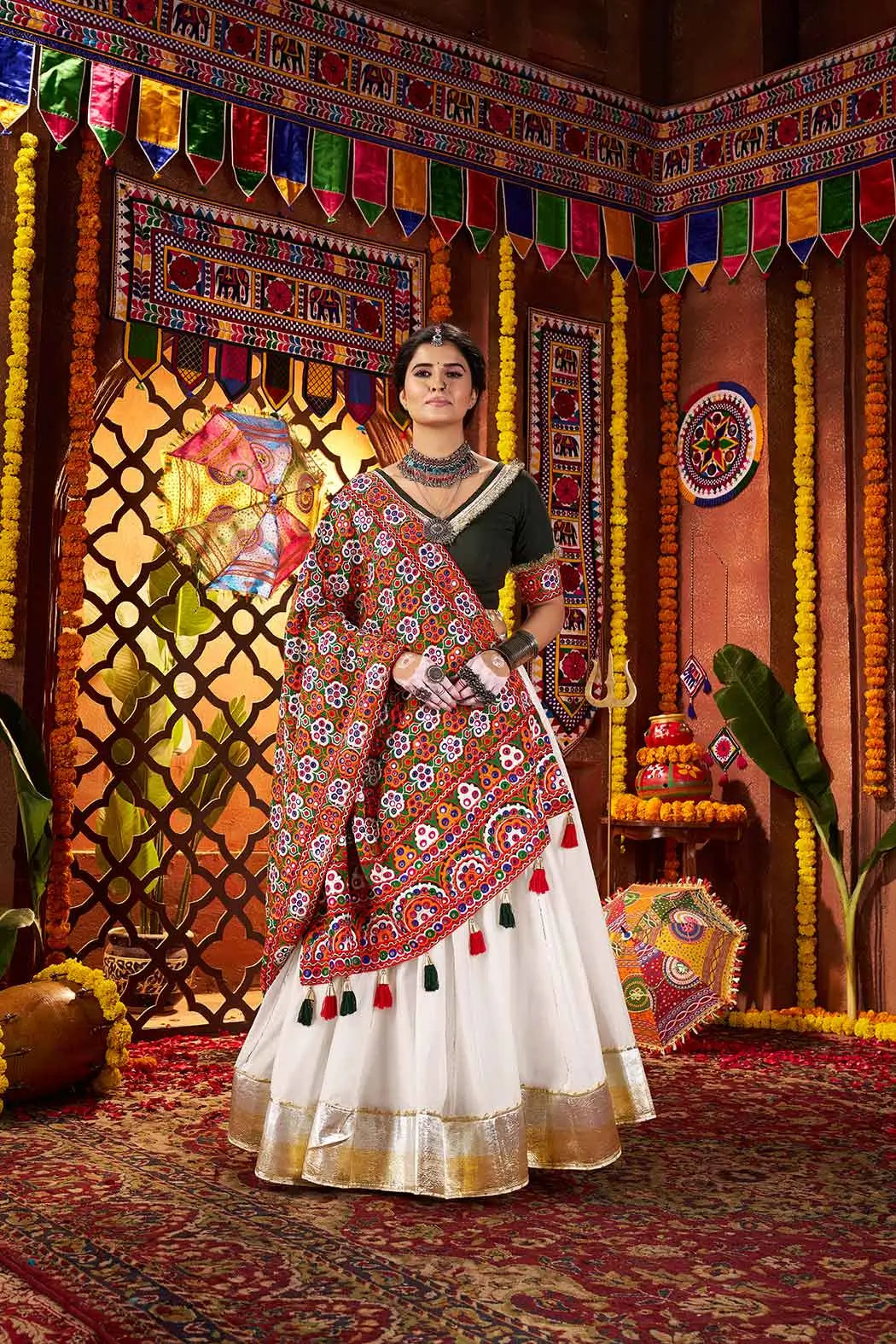 Off White Navratri Lehenga With Heavy Embroidery Mirror Work Dupatta