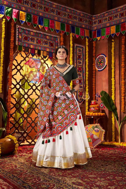 Off White Navratri Lehenga With Heavy Embroidery Mirror Work Dupatta