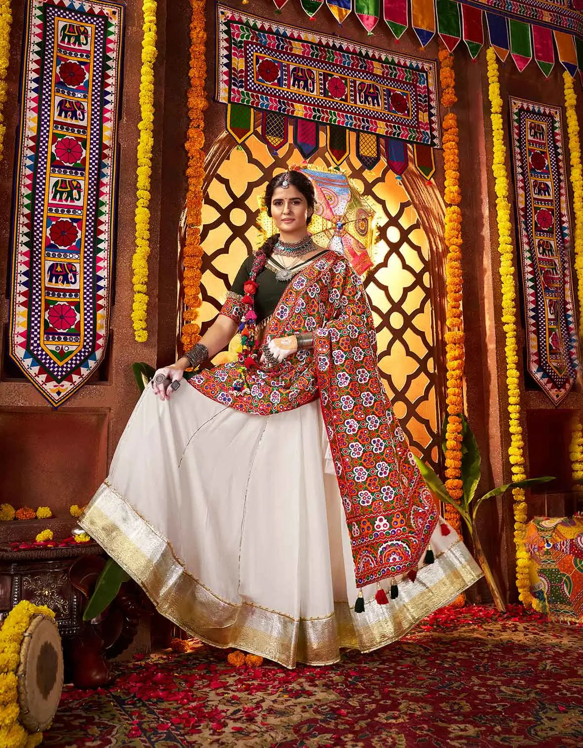 Off White Navratri Lehenga With Heavy Embroidery Mirror Work Dupatta