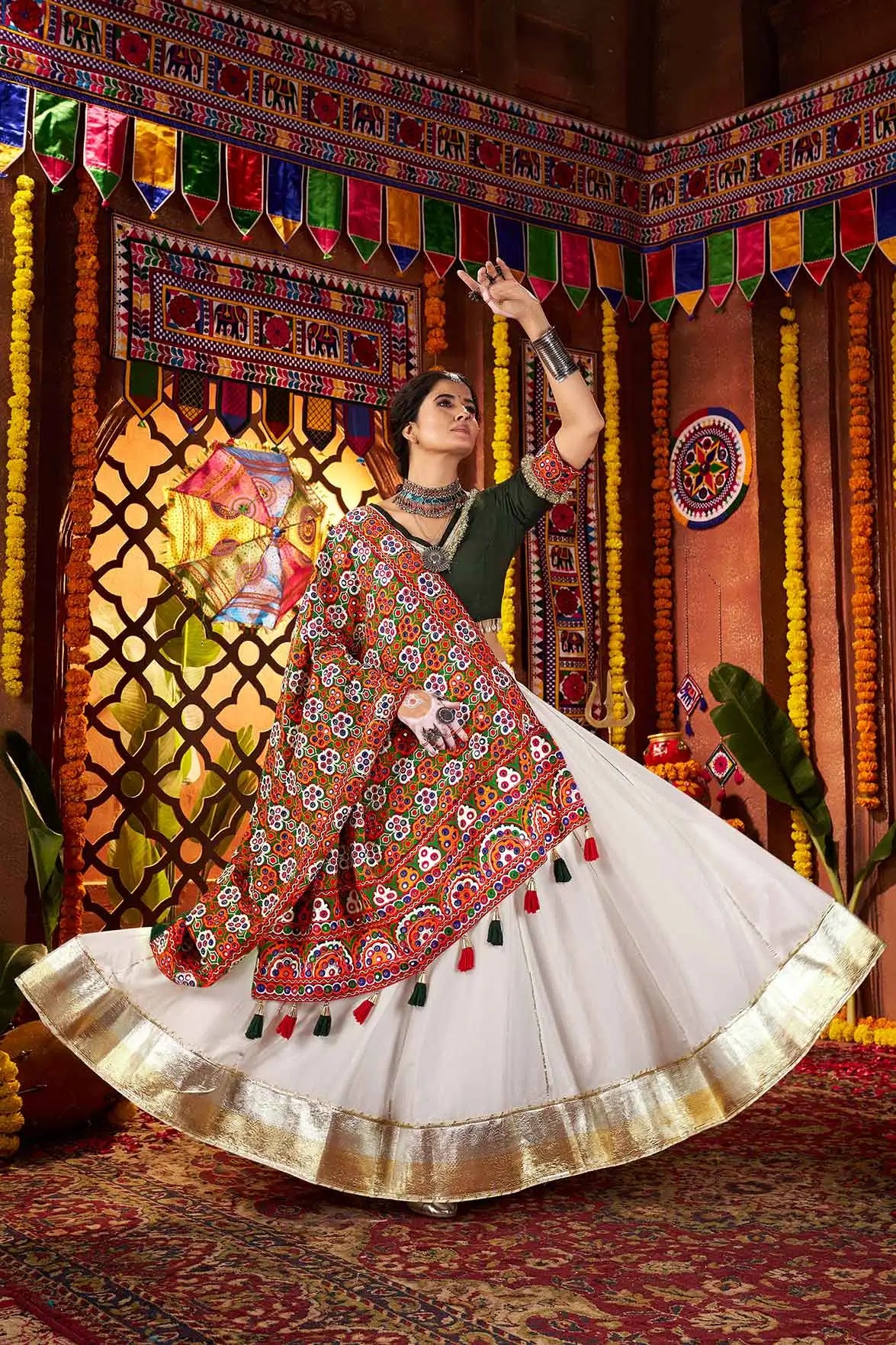 Off White Navratri Lehenga With Heavy Embroidery Mirror Work Dupatta