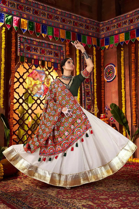 Off White Navratri Lehenga With Heavy Embroidery Mirror Work Dupatta