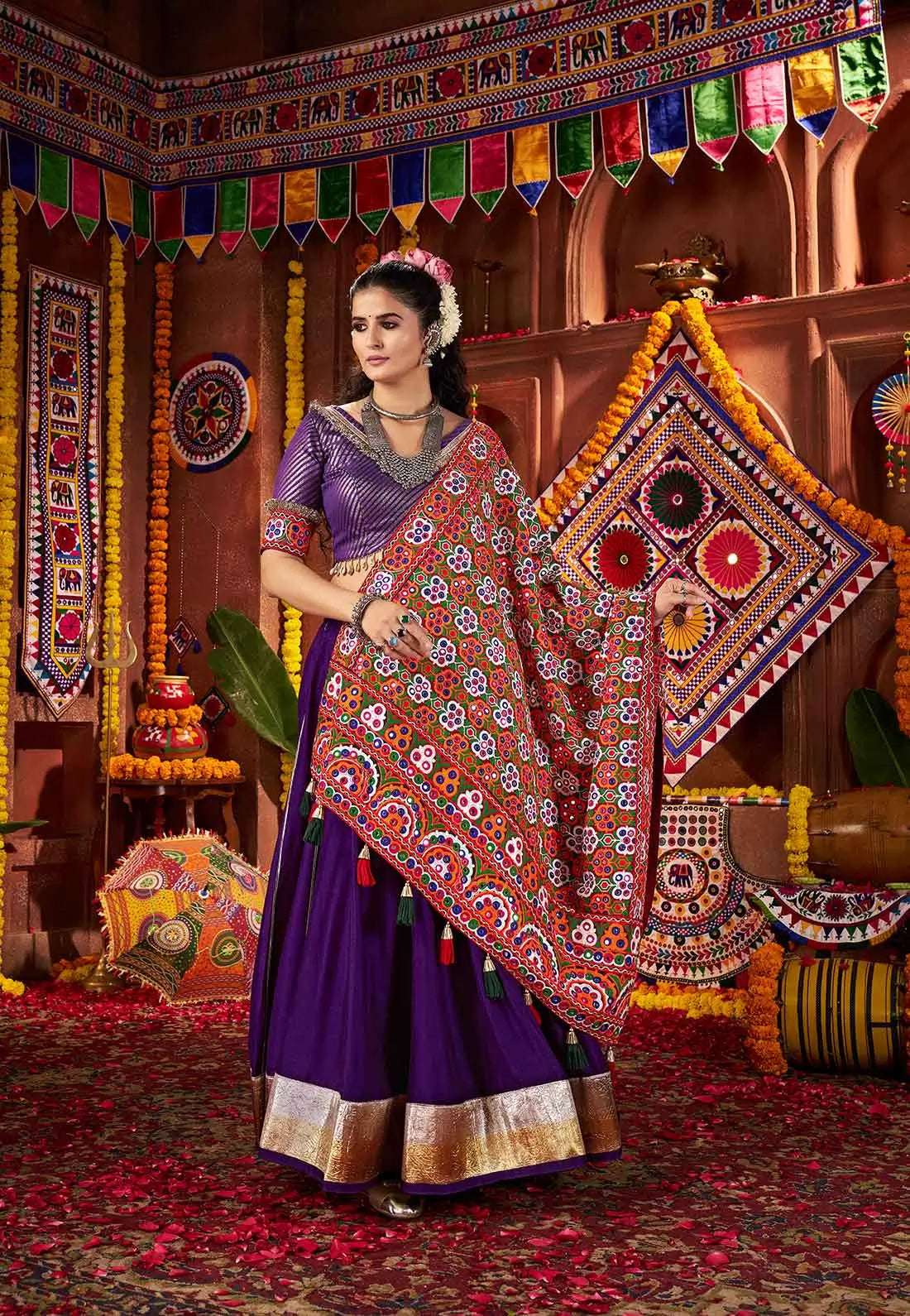 Dark Purple Navratri Lehenga With Heavy Embroidery Mirror Work Dupatta