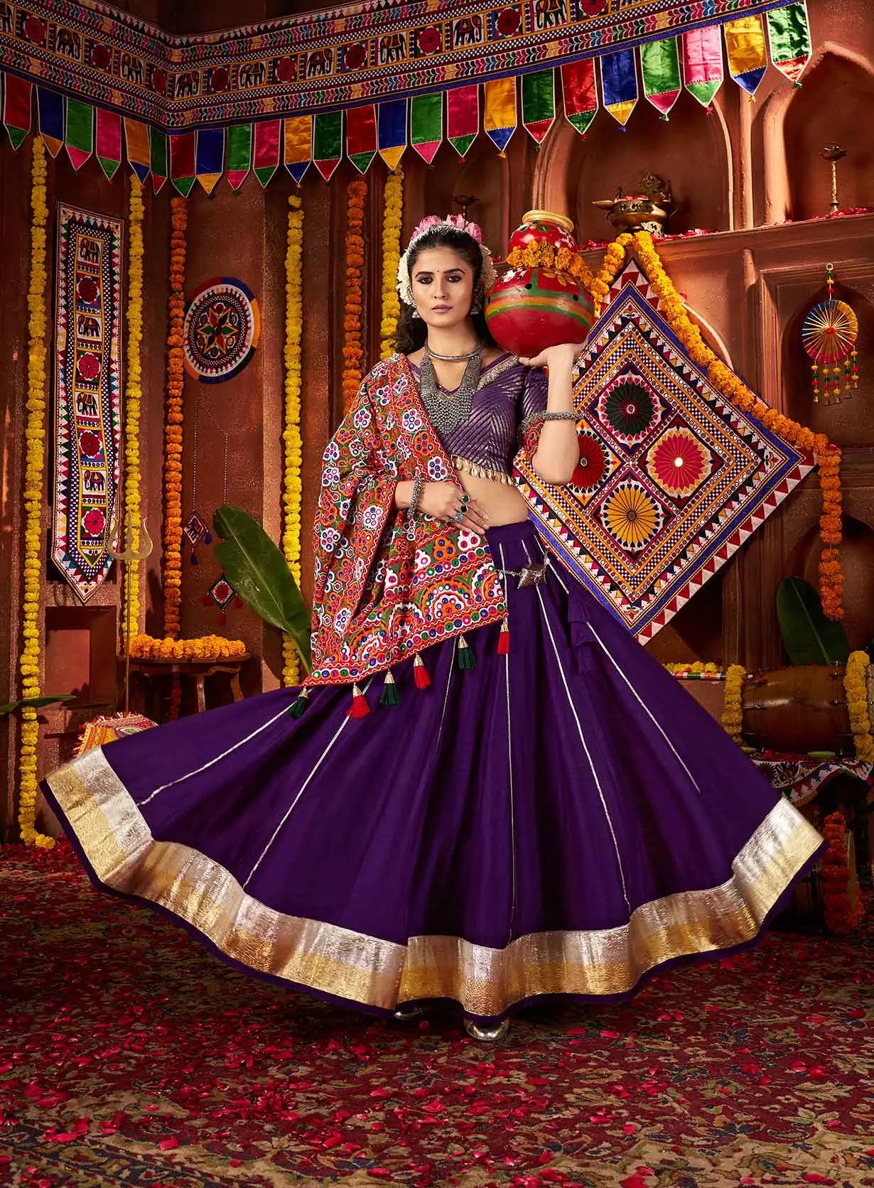 Dark Purple Navratri Lehenga With Heavy Embroidery Mirror Work Dupatta