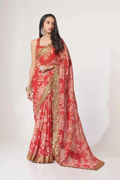 Red Floral Print Organza Saree With Sequins Work