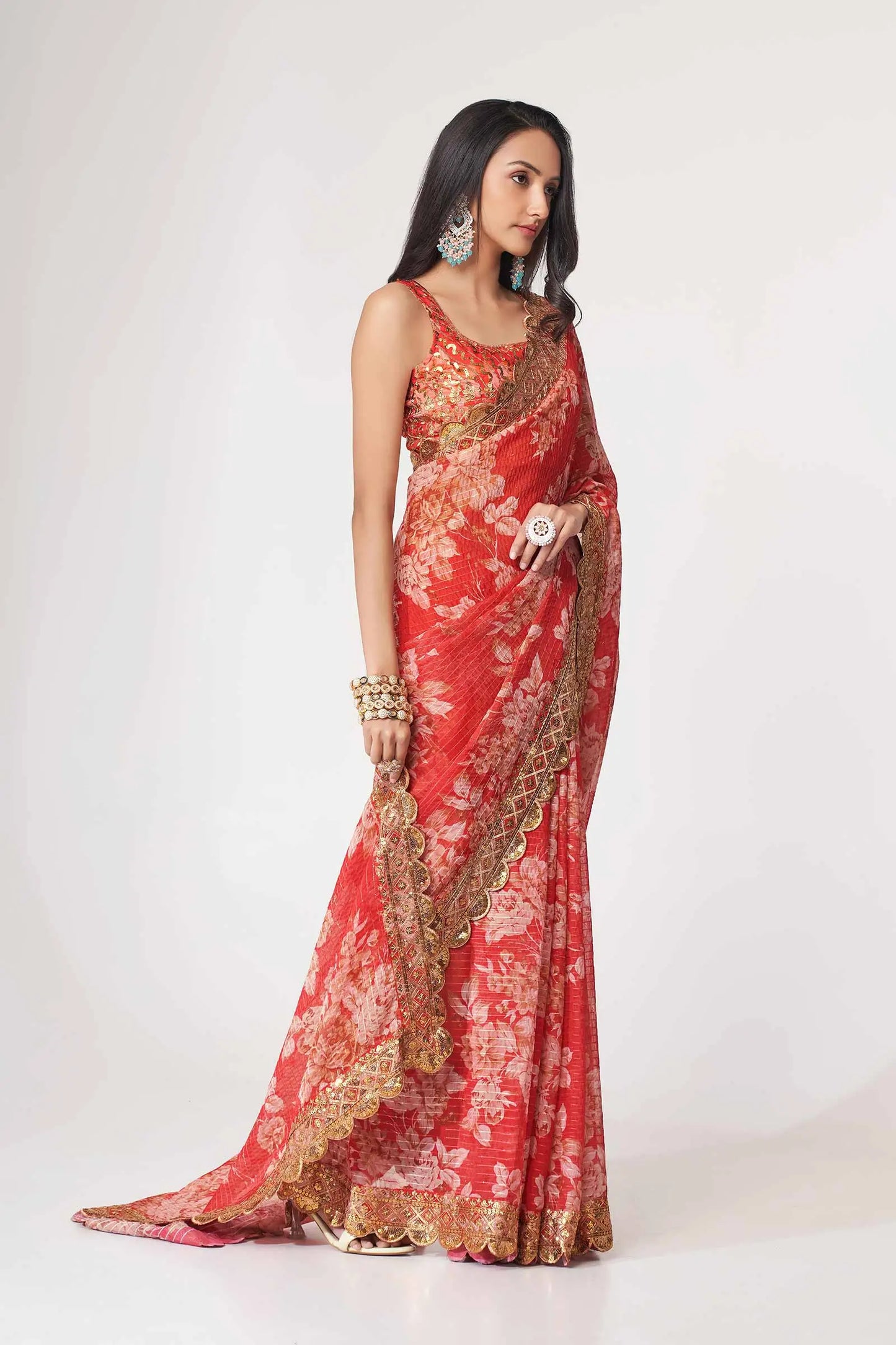 Red Floral Print Organza Saree With Sequins Work