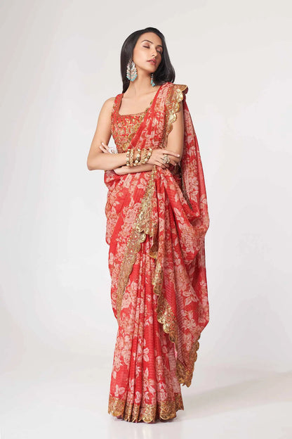 Red Floral Print Organza Saree With Sequins Work