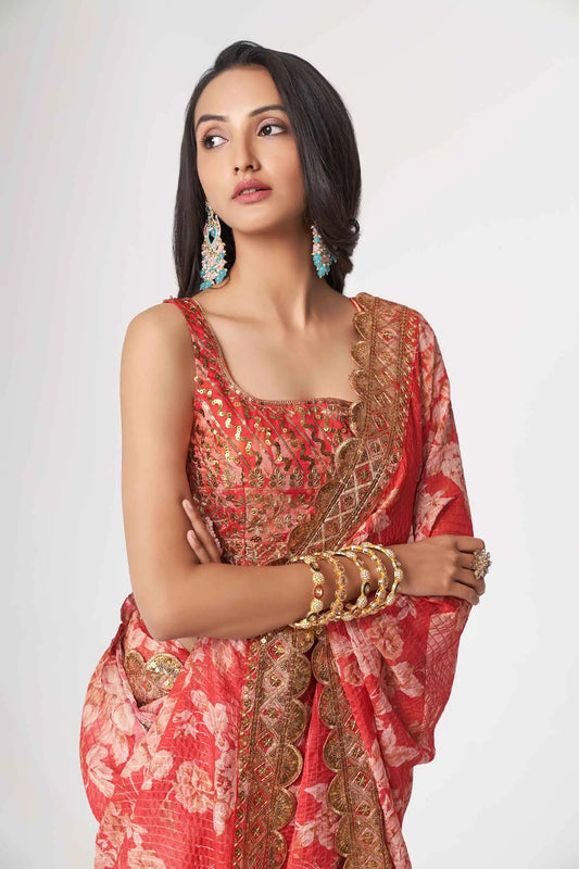 Red Floral Print Organza Saree With Sequins Work