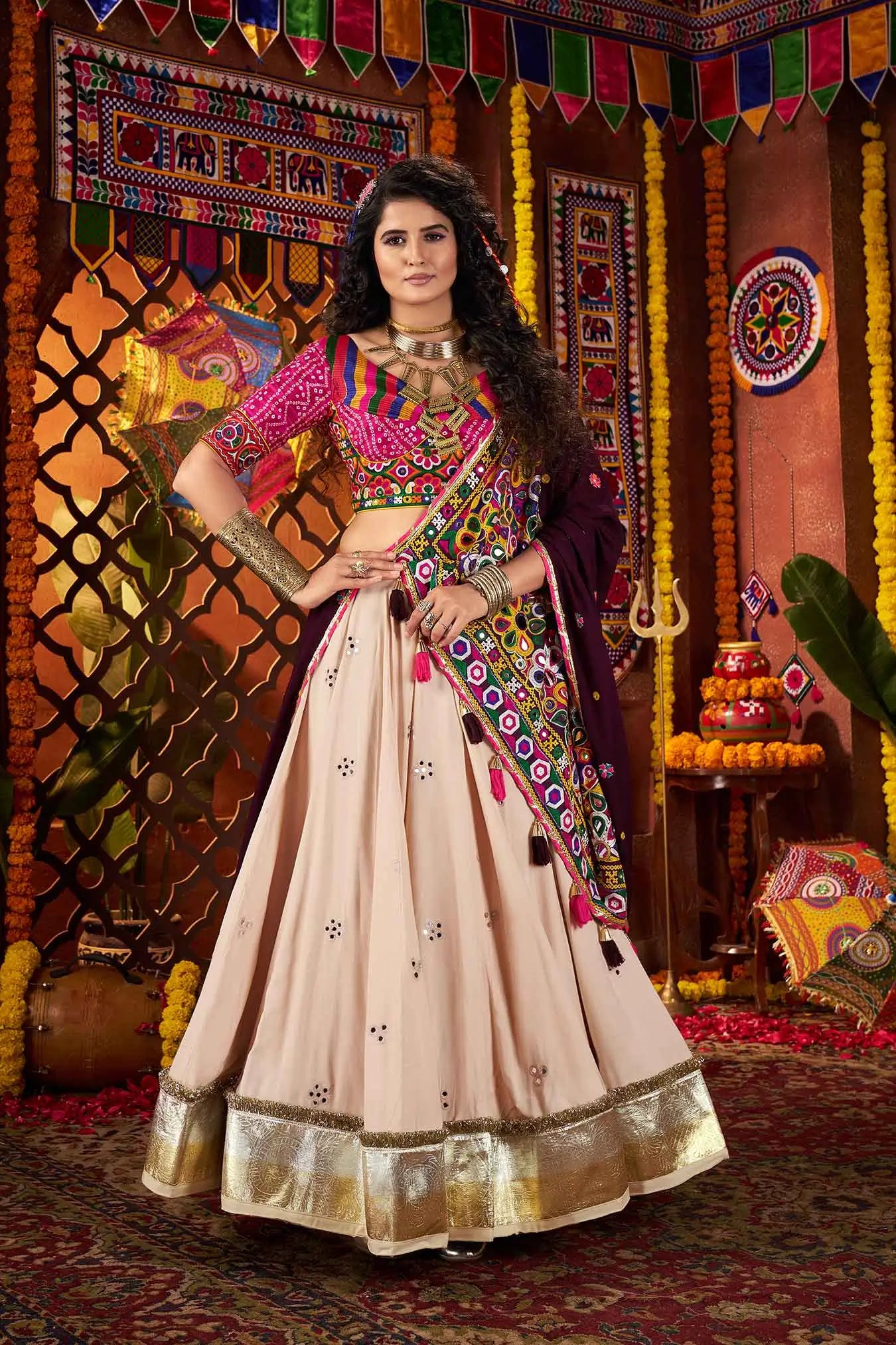 Beautiful Beige Thread And Mirror Work Designer Navratri Lehenga Choli