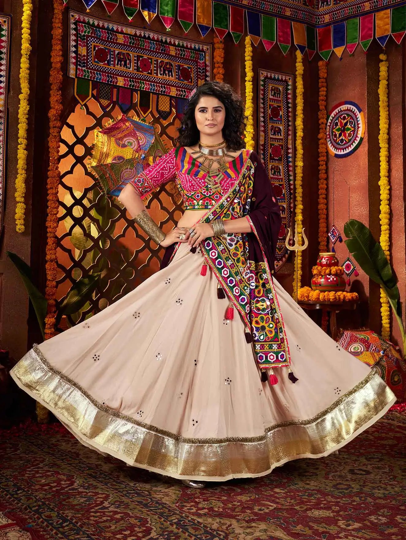 Beautiful Beige Thread And Mirror Work Designer Navratri Lehenga Choli