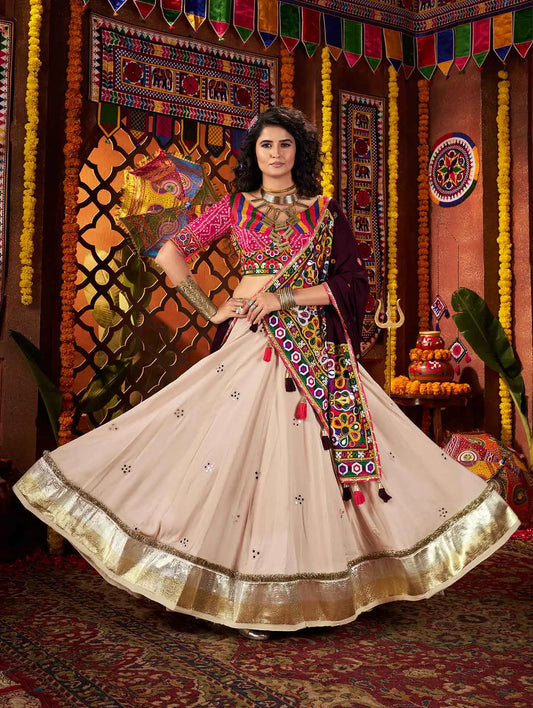 Beautiful Beige Thread And Mirror Work Designer Navratri Lehenga Choli