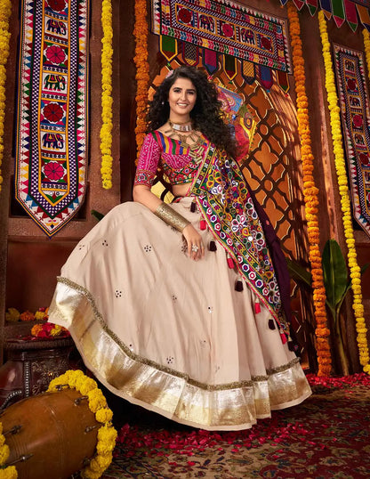 Beautiful Beige Thread And Mirror Work Designer Navratri Lehenga Choli
