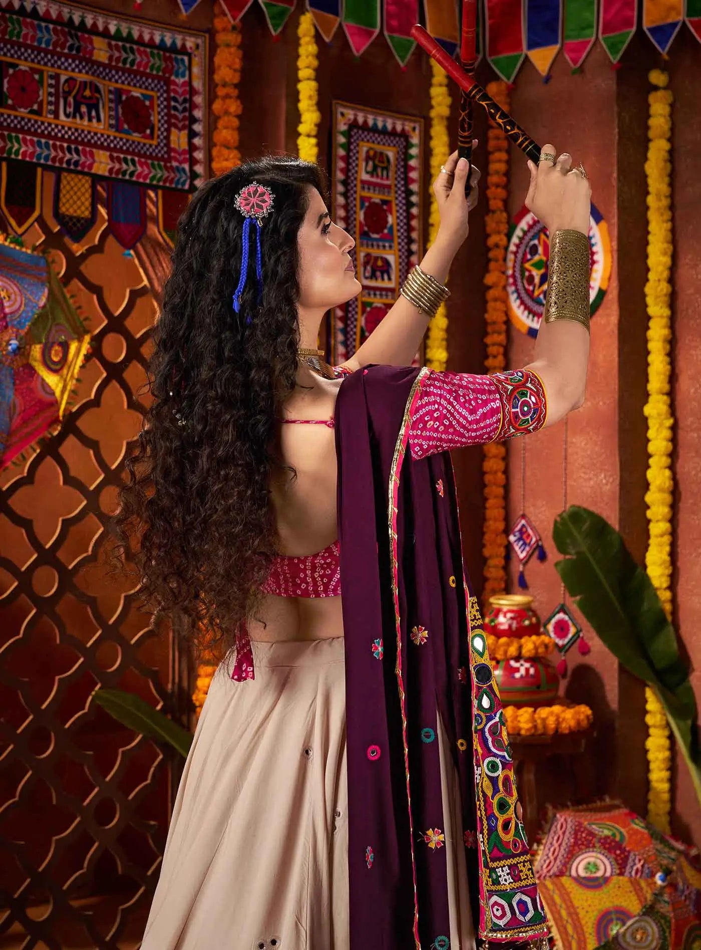 Beautiful Beige Thread And Mirror Work Designer Navratri Lehenga Choli