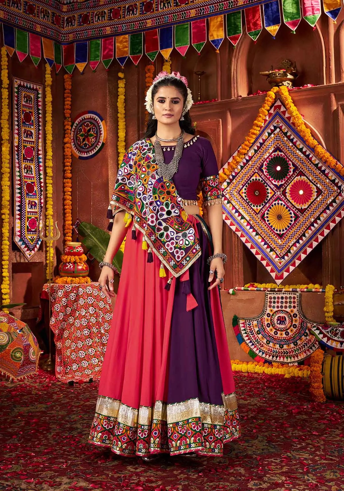 Multi Color Thread And Mirror Work Viscose Cotton Navratri Lehenga Choli