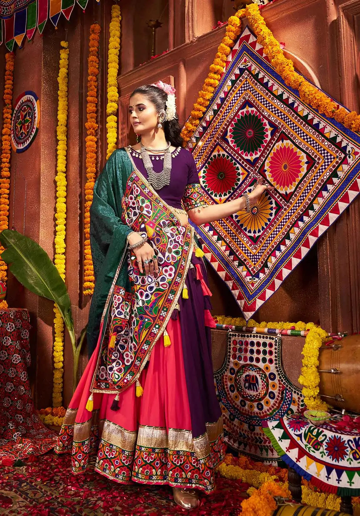 Multi Color Thread And Mirror Work Viscose Cotton Navratri Lehenga Choli