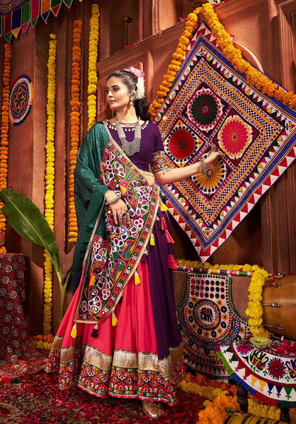 Multi Color Thread And Mirror Work Viscose Cotton Navratri Lehenga Choli