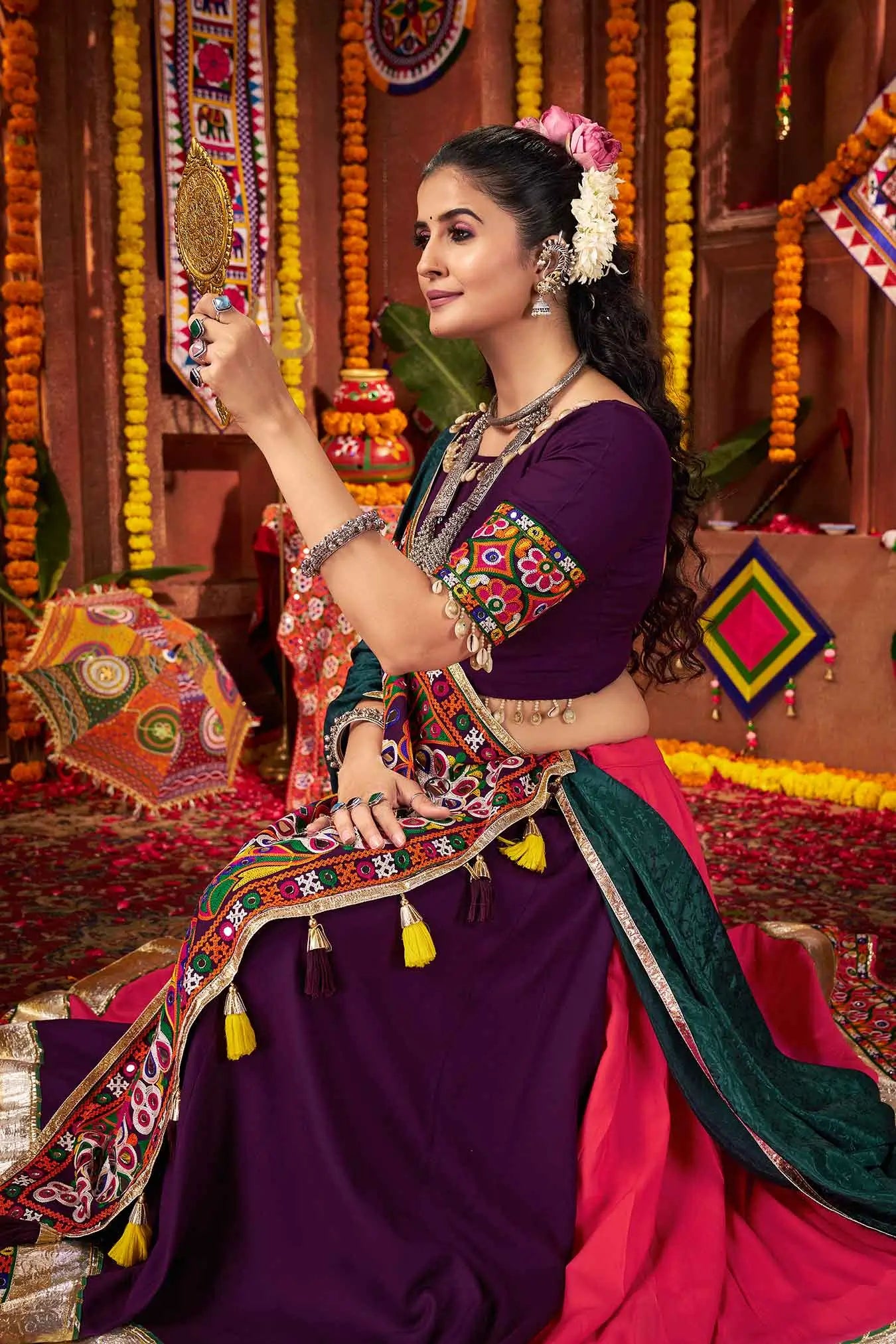 Multi Color Thread And Mirror Work Viscose Cotton Navratri Lehenga Choli