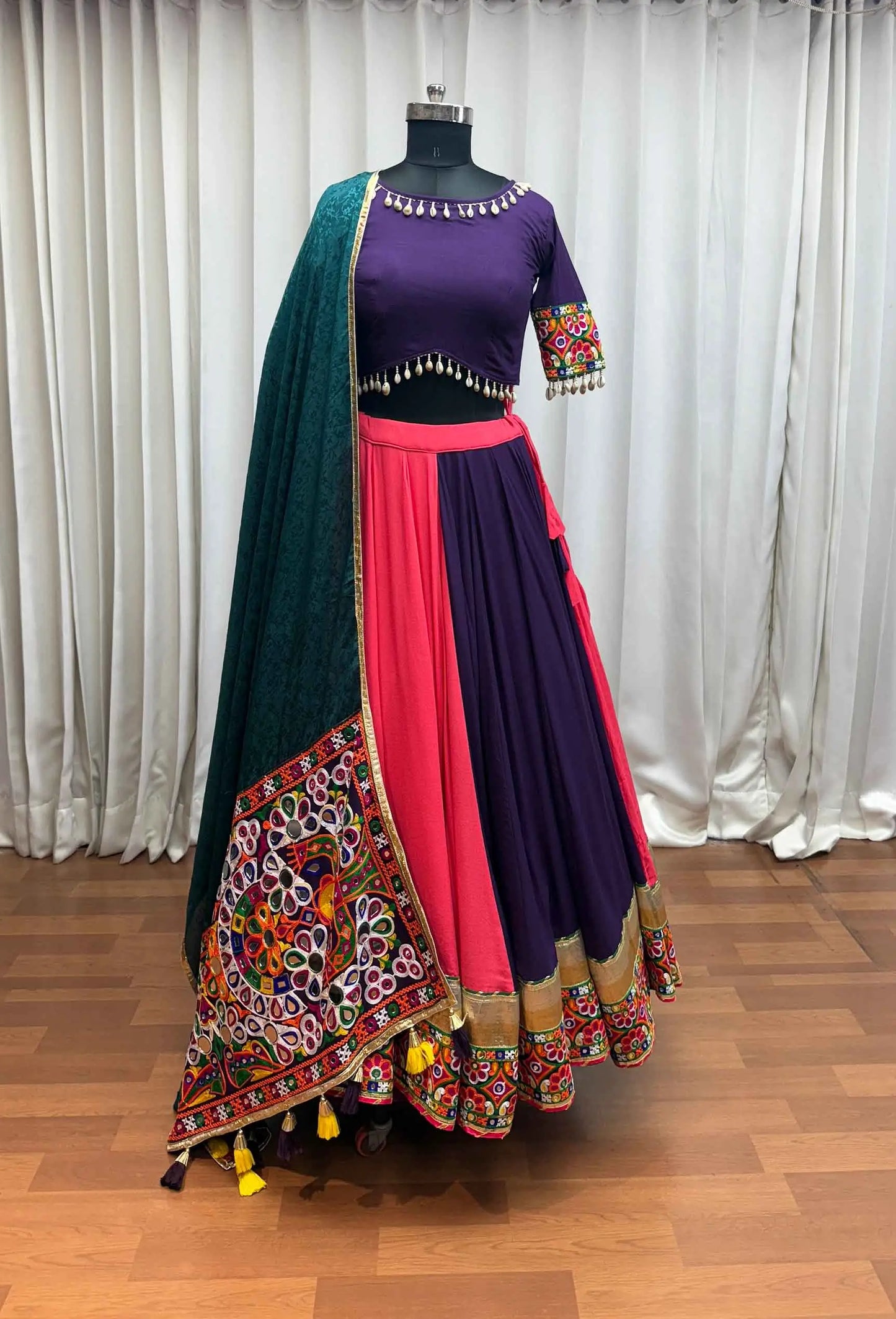 Multi Color Thread And Mirror Work Viscose Cotton Navratri Lehenga Choli