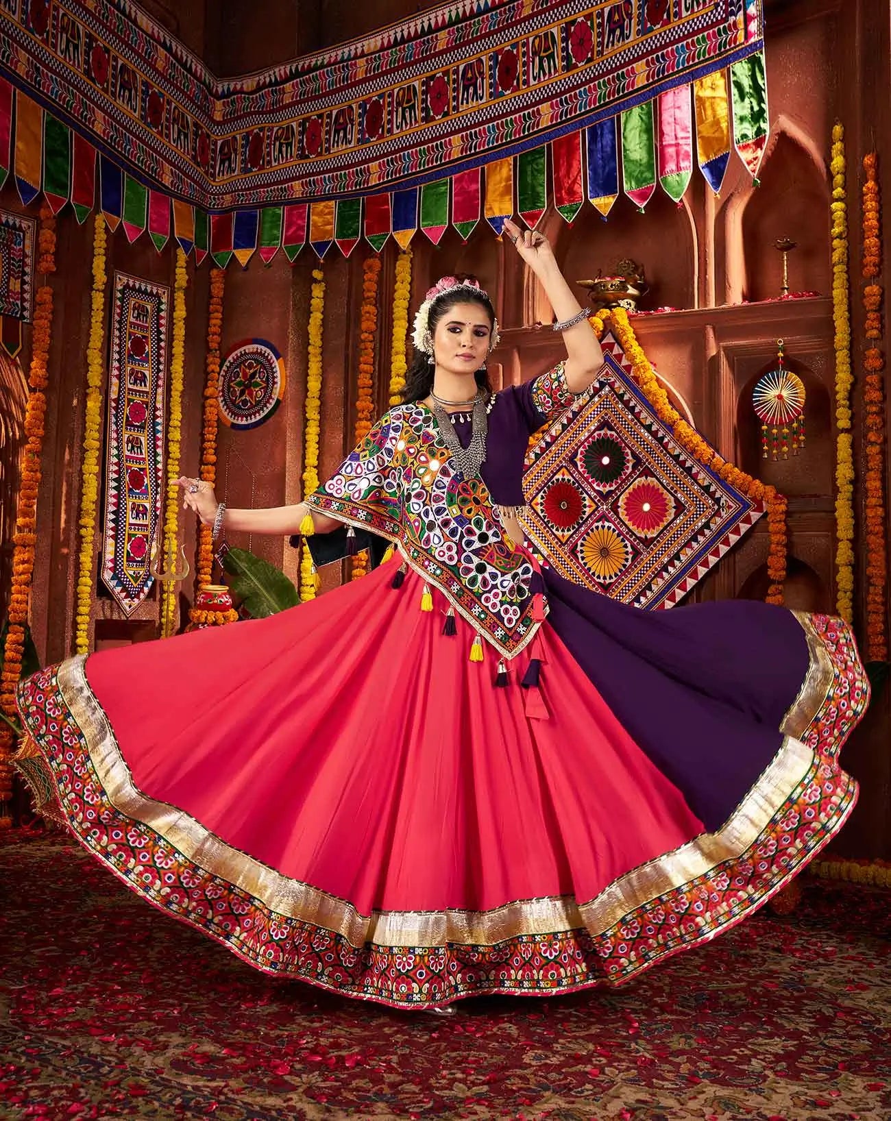 Multi Color Thread And Mirror Work Viscose Cotton Navratri Lehenga Choli