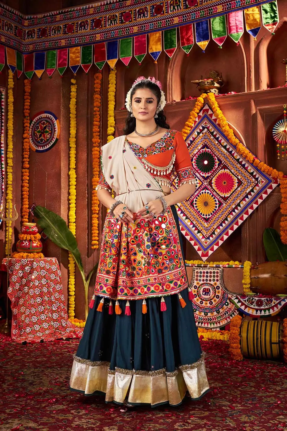 Designer Teal Blue Thread And Mirror Kodi Work Navratri Lehenga Choli