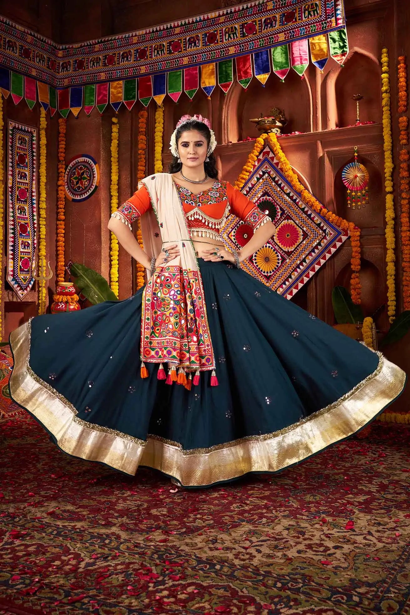 Designer Teal Blue Thread And Mirror Kodi Work Navratri Lehenga Choli