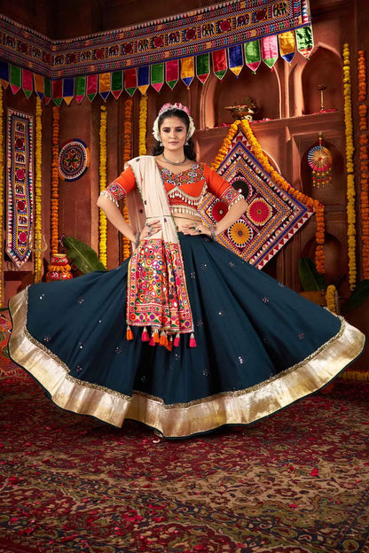 Designer Teal Blue Thread And Mirror Kodi Work Navratri Lehenga Choli