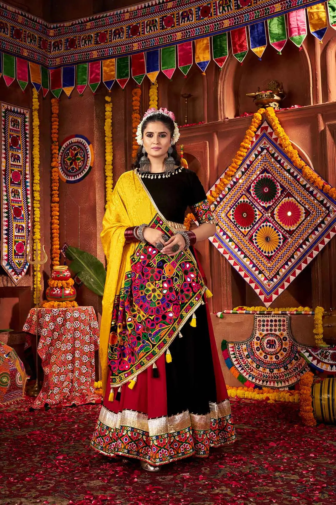 Navratri Multi Color Thread And Mirror Work Viscose Cotton Lehenga Choli