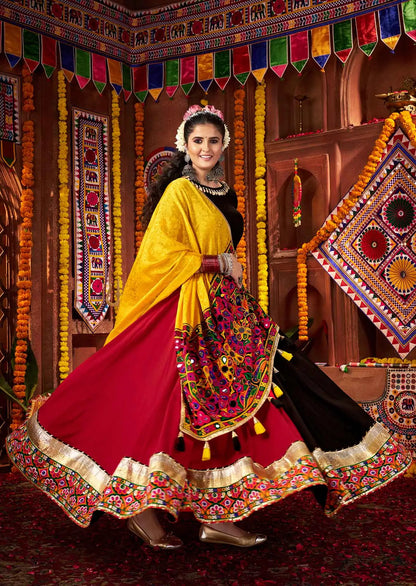 Navratri Multi Color Thread And Mirror Work Viscose Cotton Lehenga Choli