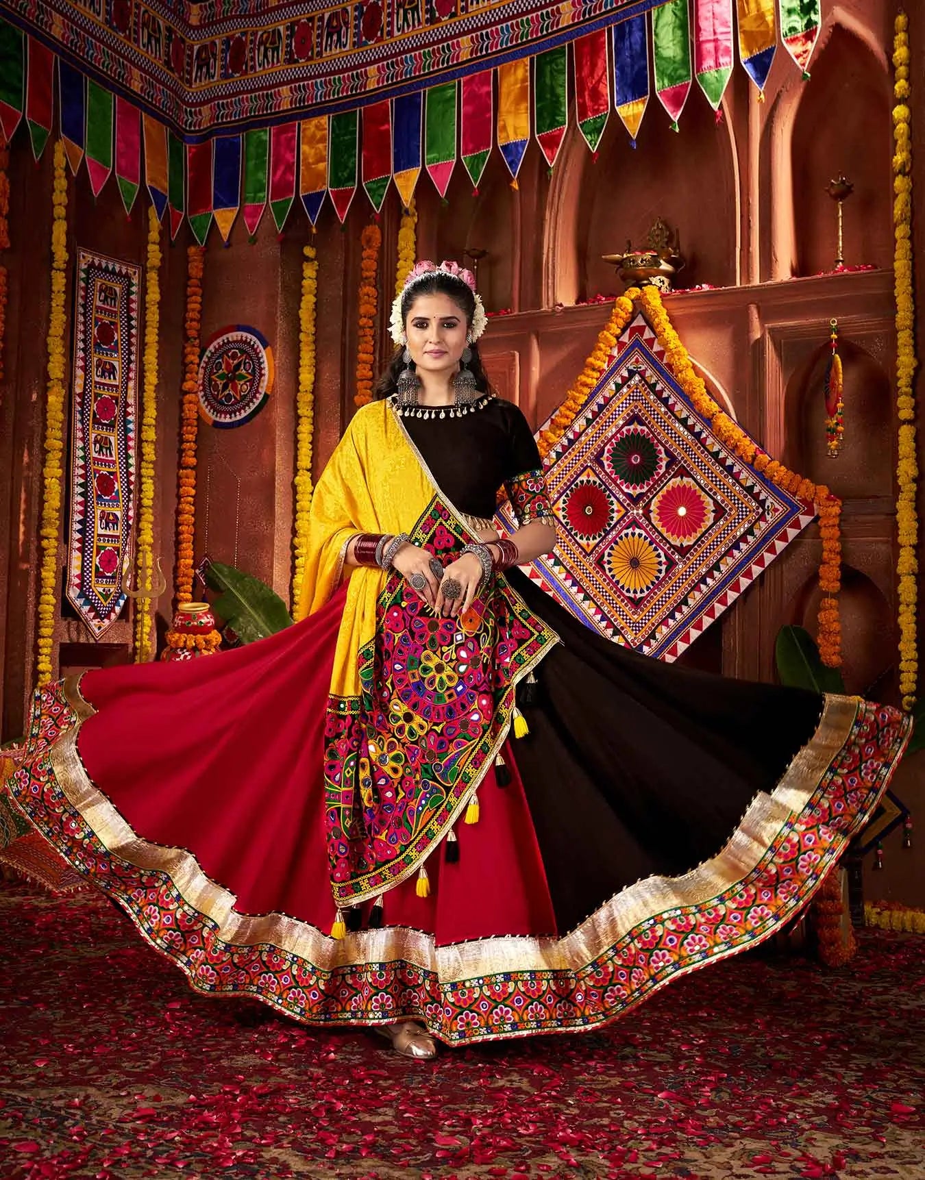 Navratri Multi Color Thread And Mirror Work Viscose Cotton Lehenga Choli