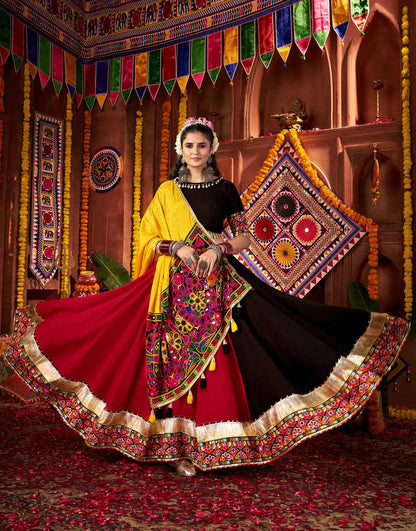 Navratri Multi Color Thread And Mirror Work Viscose Cotton Lehenga Choli