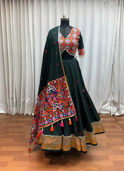 Designer Green Thread And Mirror Kodi Work Navratri Lehenga Choli