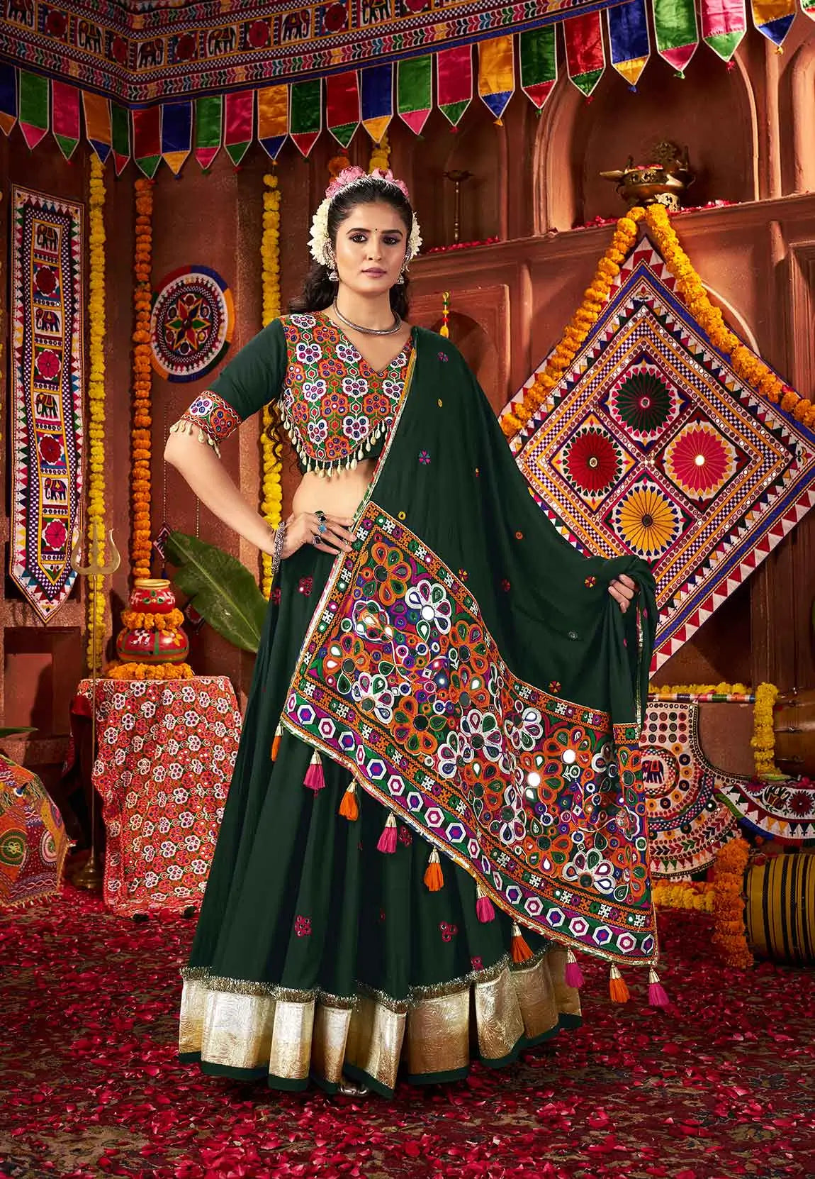 Designer Green Thread And Mirror Kodi Work Navratri Lehenga Choli