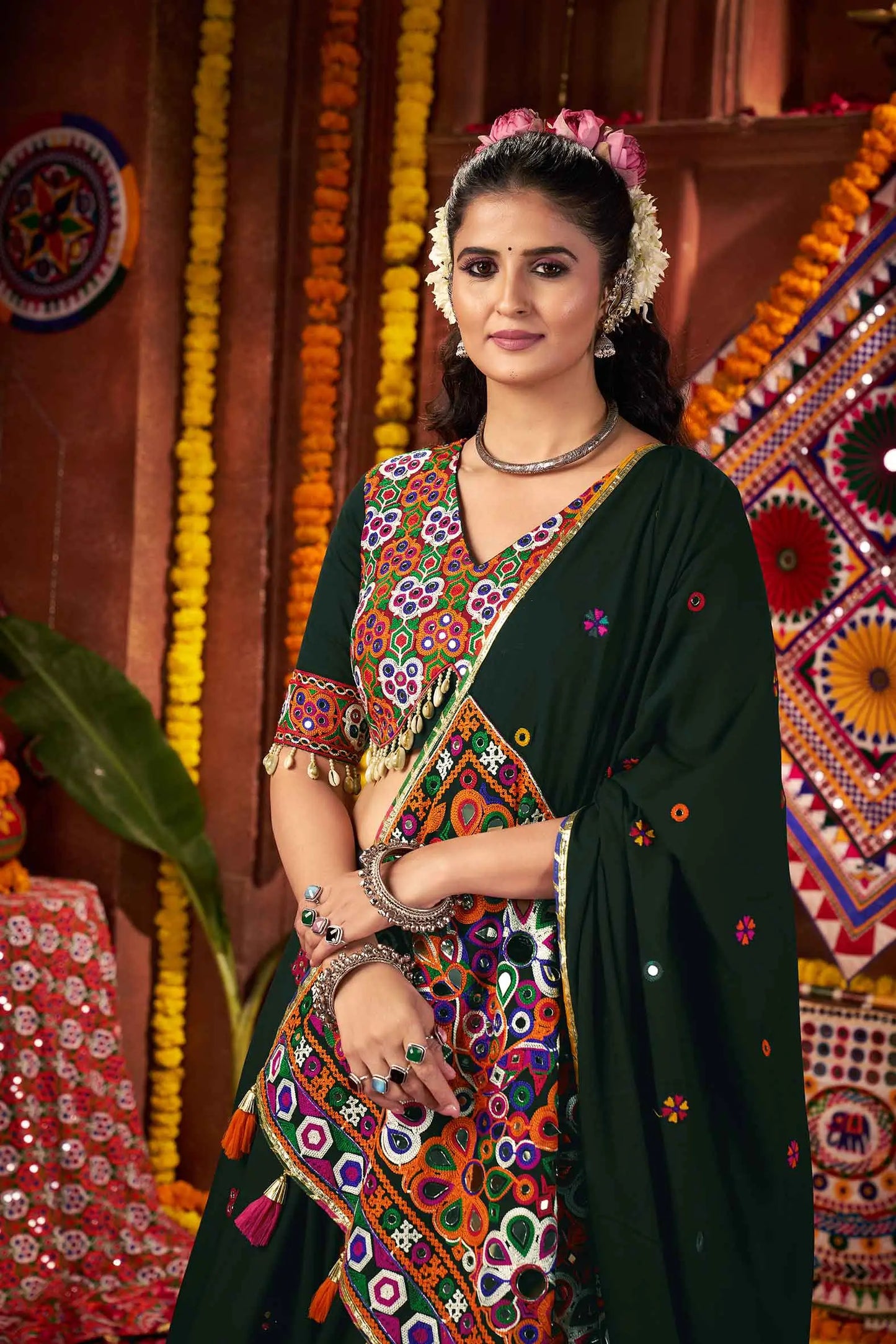 Designer Green Thread And Mirror Kodi Work Navratri Lehenga Choli