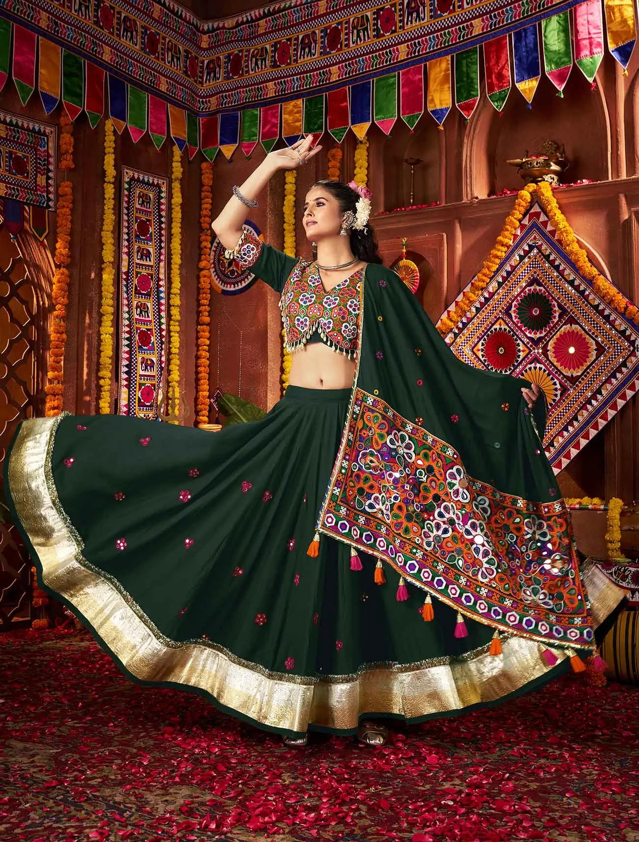 Designer Green Thread And Mirror Kodi Work Navratri Lehenga Choli