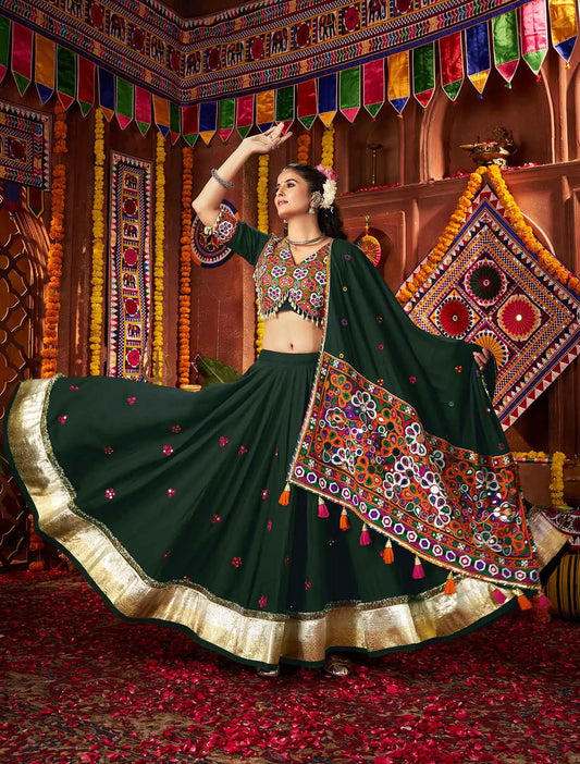 Designer Green Thread And Mirror Kodi Work Navratri Lehenga Choli