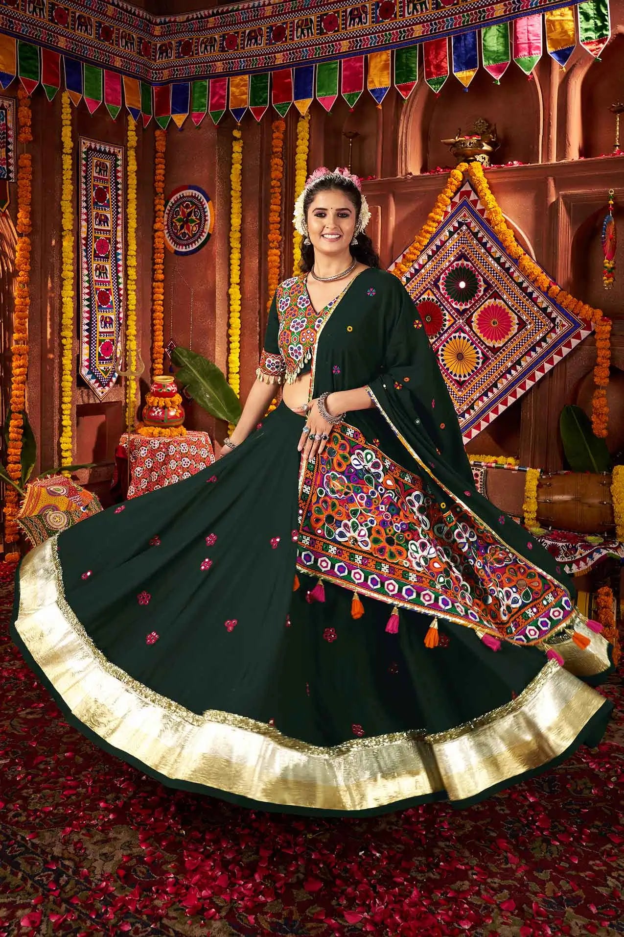 Designer Green Thread And Mirror Kodi Work Navratri Lehenga Choli