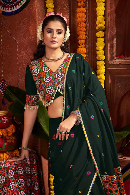 Designer Green Thread And Mirror Kodi Work Navratri Lehenga Choli