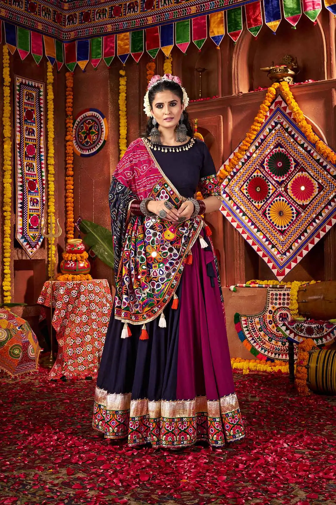 Multi Color Viscose Cotton Navratri Lehenga Choli With Thread And Mirror Work