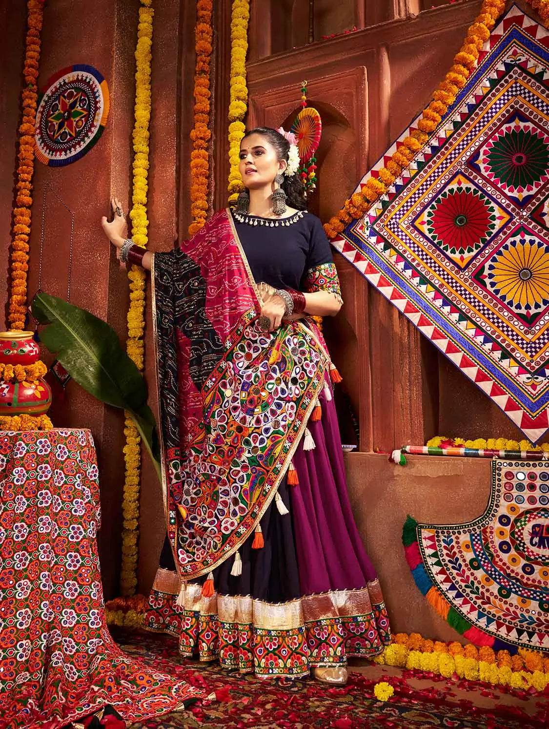 Multi Color Viscose Cotton Navratri Lehenga Choli With Thread And Mirror Work