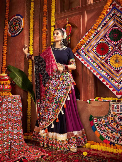 Multi Color Viscose Cotton Navratri Lehenga Choli With Thread And Mirror Work