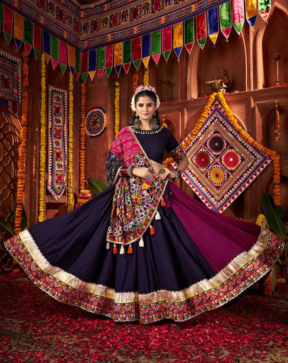 Multi Color Viscose Cotton Navratri Lehenga Choli With Thread And Mirror Work
